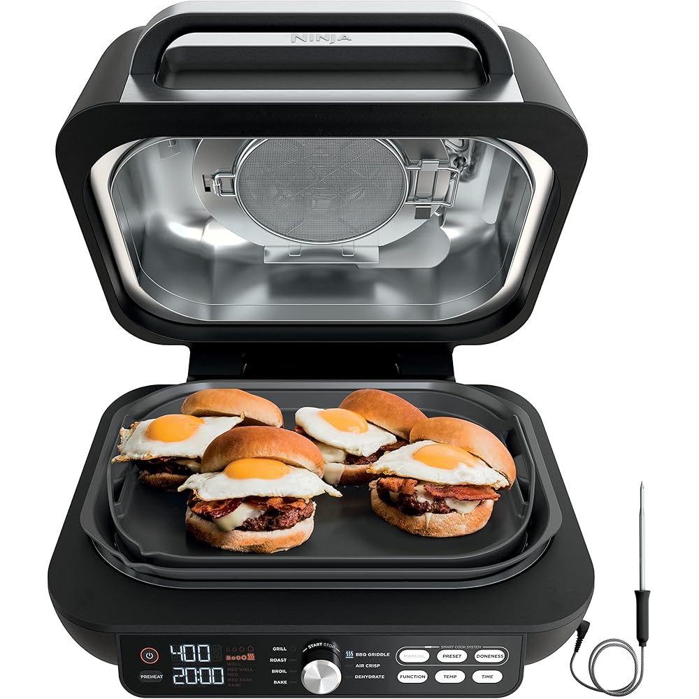 Ninja IG651 Foodi Smart XL Pro 7-in-1 Indoor Grill/Griddle Combo, use Opened or Closed, Air Fry, Dehydrate & More, Pro Power Grate, Flat Top, Crisper, Smart Thermometer, Black: Home & Kitchen