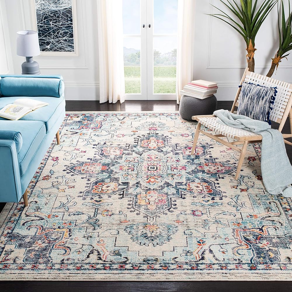 SAFAVIEH Area Rug 8x10 - Madison Collection - Large - Cream & Blue, Boho Chic Medallion Distressed Design, Non-Shedding & Easy Cleaning, Ideal for Living Room, Bedroom, Office, Dining Space (MAD473B) : Home & Kitchen
