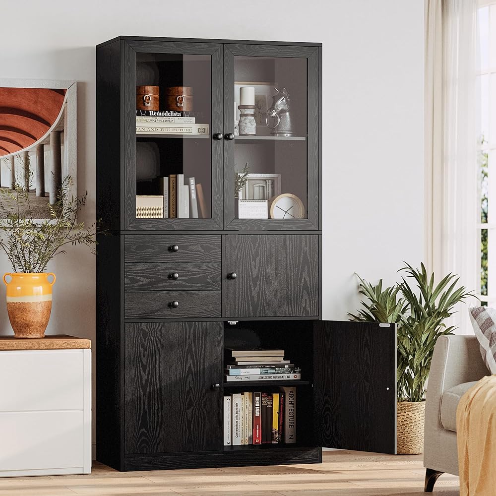 IRONCK Bookshelf and Bookcase with Doors, 5 Tier Bookcases with Storage, Tall Book Shelf with Drawers and Acrylic Doors for Office, Living Room, Study, Black : Home & Kitchen