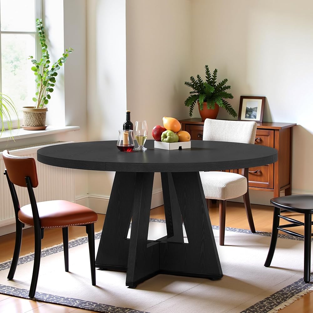 - Osparple Round Dining Table for 4, 47 Inch Dinner Table Farmhouse Wooden Circle Kitchen Tables with Cross Base for Dining Room, Kitchen, Living Room, Black - Tables