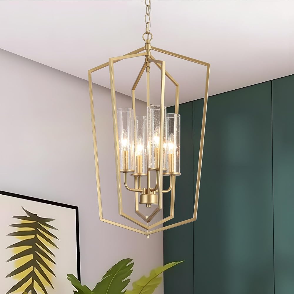 Gold Dining Room Chandelier with 4-Light Lantern Pendant Lights, Adjustable Height Modern Foyer Chandelier with Seeded Glass Shades -