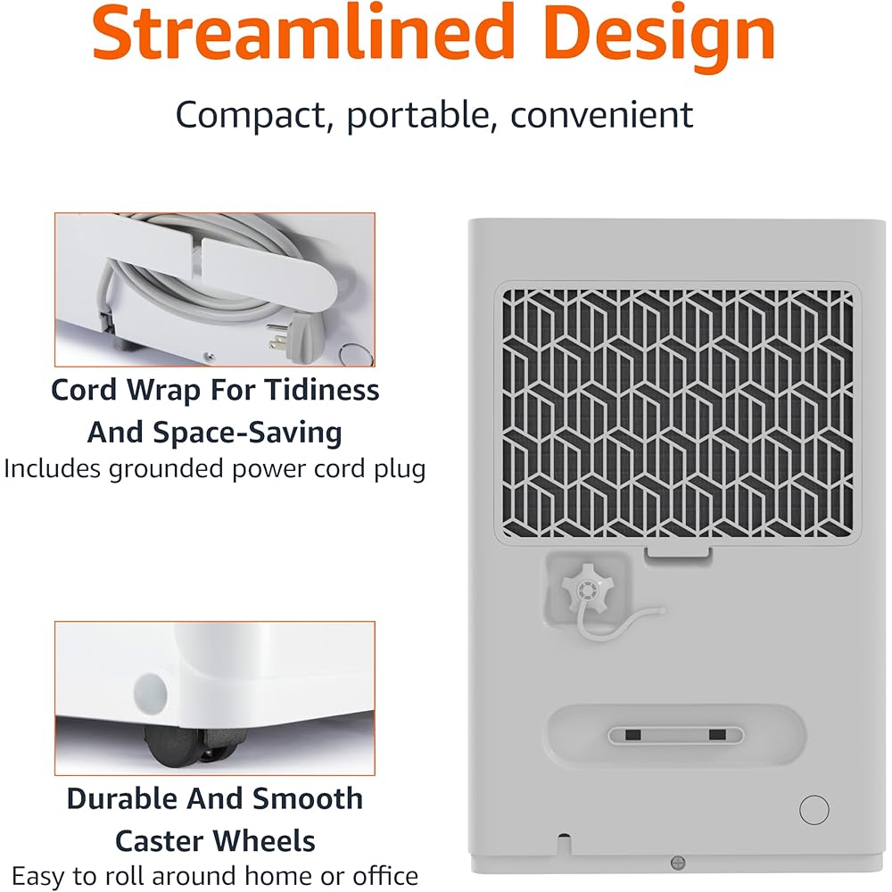 - Amazon Basics Large Dehumidifier for Rooms, Energy Star Certified, Effectively Reduces Humidity, With Continuous Drain Pump, Timer, Auto-Defrost, Overflow Protection, up to 4000 SFT, 50 Pint, White