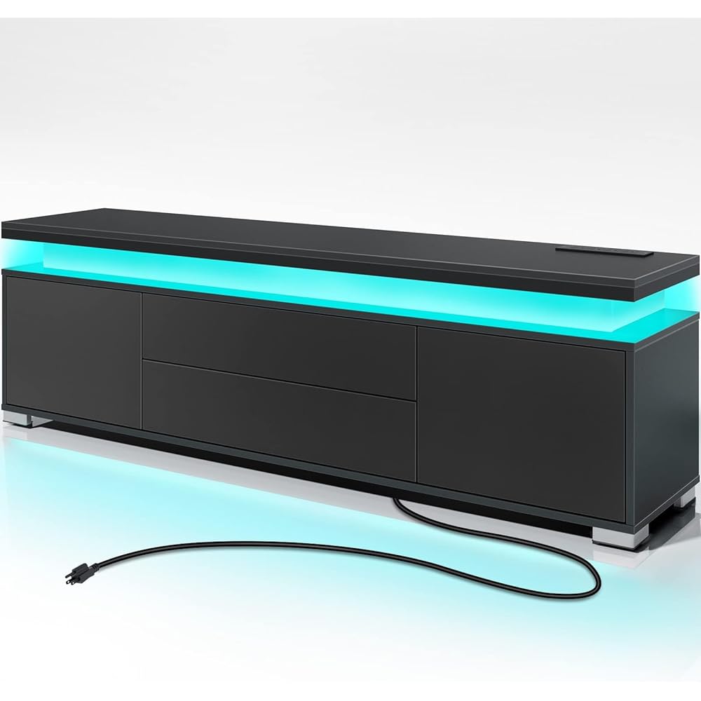 Rolanstar TV Stand with Power Outlet & LED Lights, Modern Entertainment Center for 32/43/50/55/65 Inchs TVs, TV Table, Universal Gaming LED TV Media Stand with Large Storage Cabinet, Black : Home & Kitchen