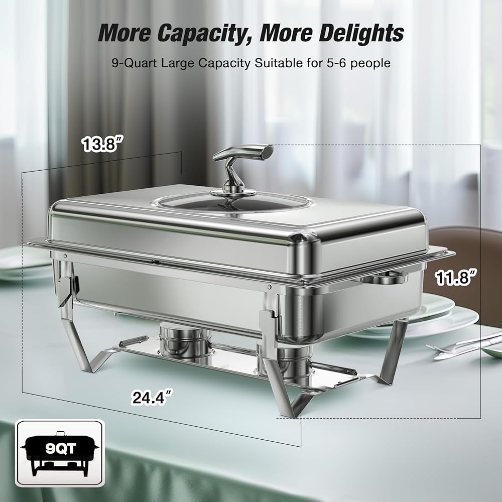 WARMOUNTS Chafing Dishes for Buffet with Glass Lid (9QT, 4Pack) - Food-Grade Stainless Steel, Rolled Edge Design, Foldable Frame, Lid Holder, Buffet Servers and Warmers Parties, Catering, Weddings: Home & Kitchen