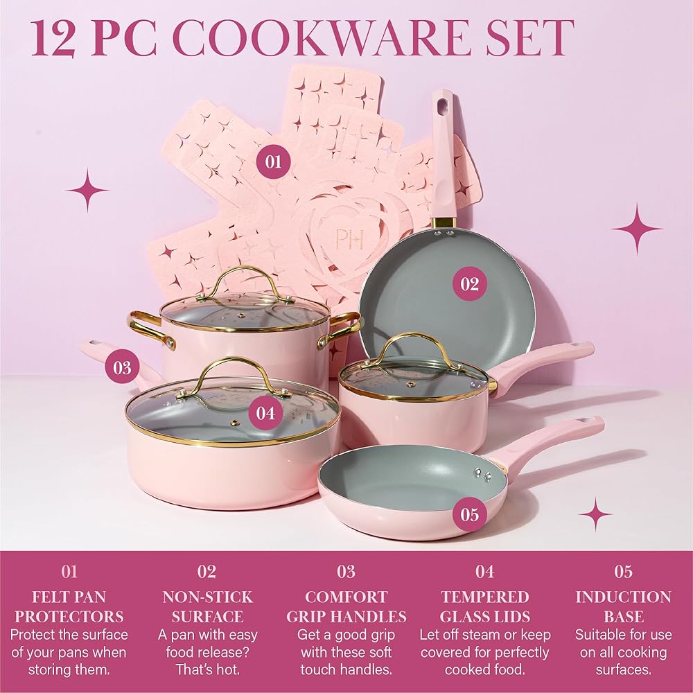 Paris Hilton Epic Nonstick Pots and Pans Set, Multi-layer Nonstick Coating, Tempered Glass Lids, Soft Touch, Stay Cool Handles, Made without PFOA, Dishwasher Safe Cookware Set, 12-Piece, Pink: Home & Kitchen