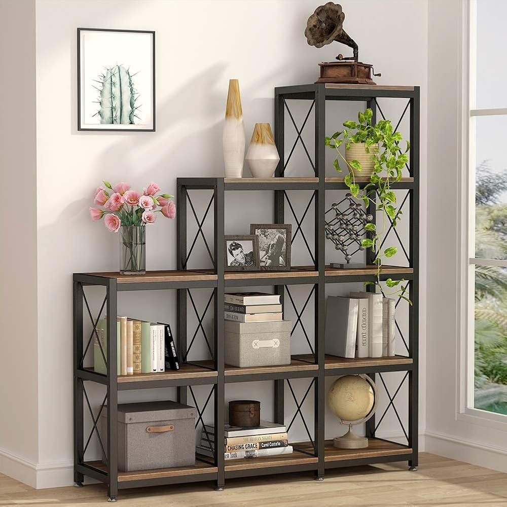 Tribesigns 12 Shelves Bookshelf, Industrial Ladder Corner Bookshelf 9 Cubes Stepped Etagere Bookcase, Rustic 5-Tier Display Shelf Storage Organizer for Home Office (Rustic Brown) : Home & Kitchen