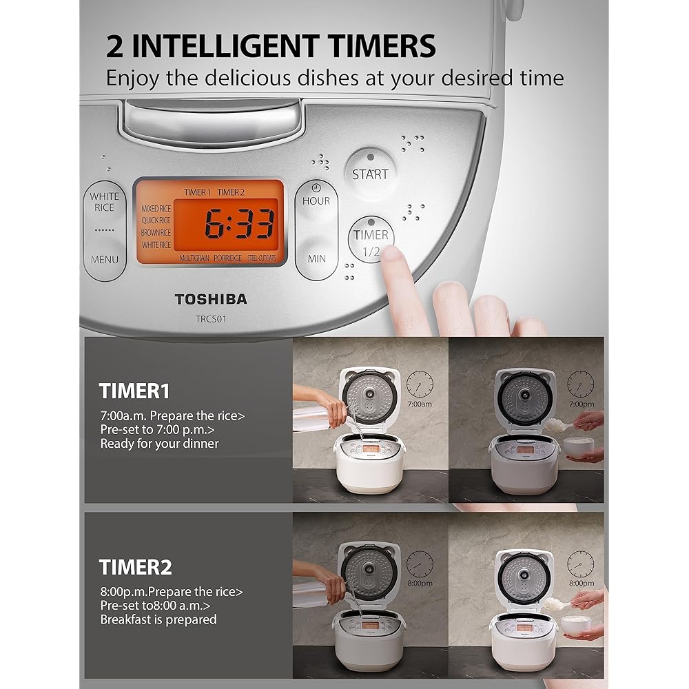 Toshiba Rice Cooker 6 Cup Uncooked – Japanese Rice Cooker with Fuzzy Logic Technology, 7 Cooking Functions, Digital Display, 2 Delay Timers and Auto Keep Warm, Non-Stick Inner Pot, White: Home & Kitchen