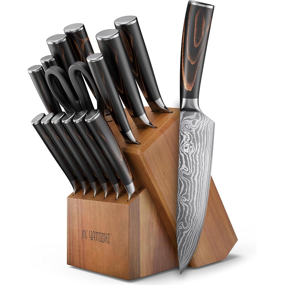 Yatoshi Professional Kitchen Knife Set, 15 Pieces, High Carbon Stainless Steel, Ergonomic Handle: Home & Kitchen