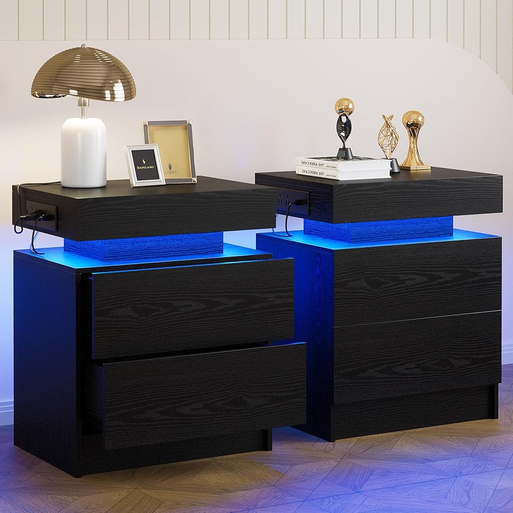 LIKIMIO Night Stand Set of 2, Modern Black Nightstand with with Charging Station, Bedside Tables with LED Light and Drawers, End Table for Bedroom, Livingroom : Home & Kitchen