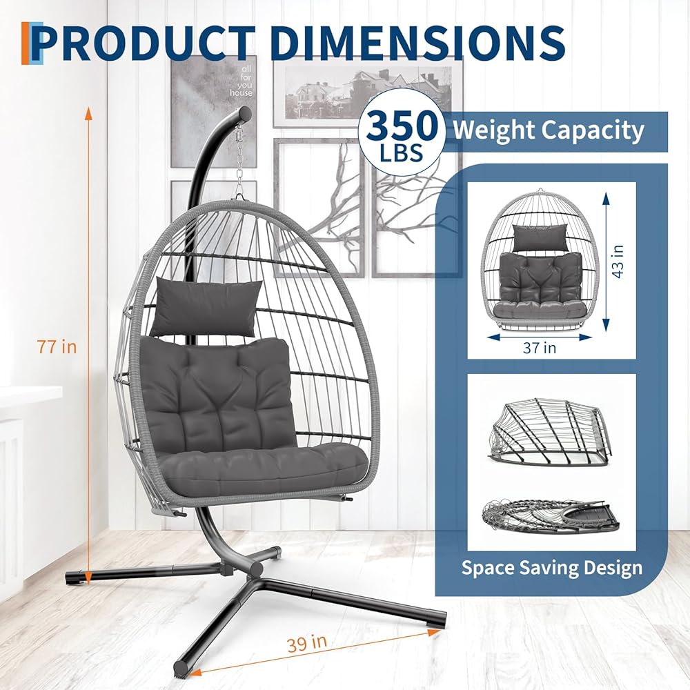 Hanging Egg Chair with Stand, Hammock Chair with Rattan Wicker, Patio Swing Egg Chair with Alluminum Frame & Thick Cusion, 350 Lbs Capacity Swing Chair for Outdoor/Indoor Use : Patio, Lawn & Garden