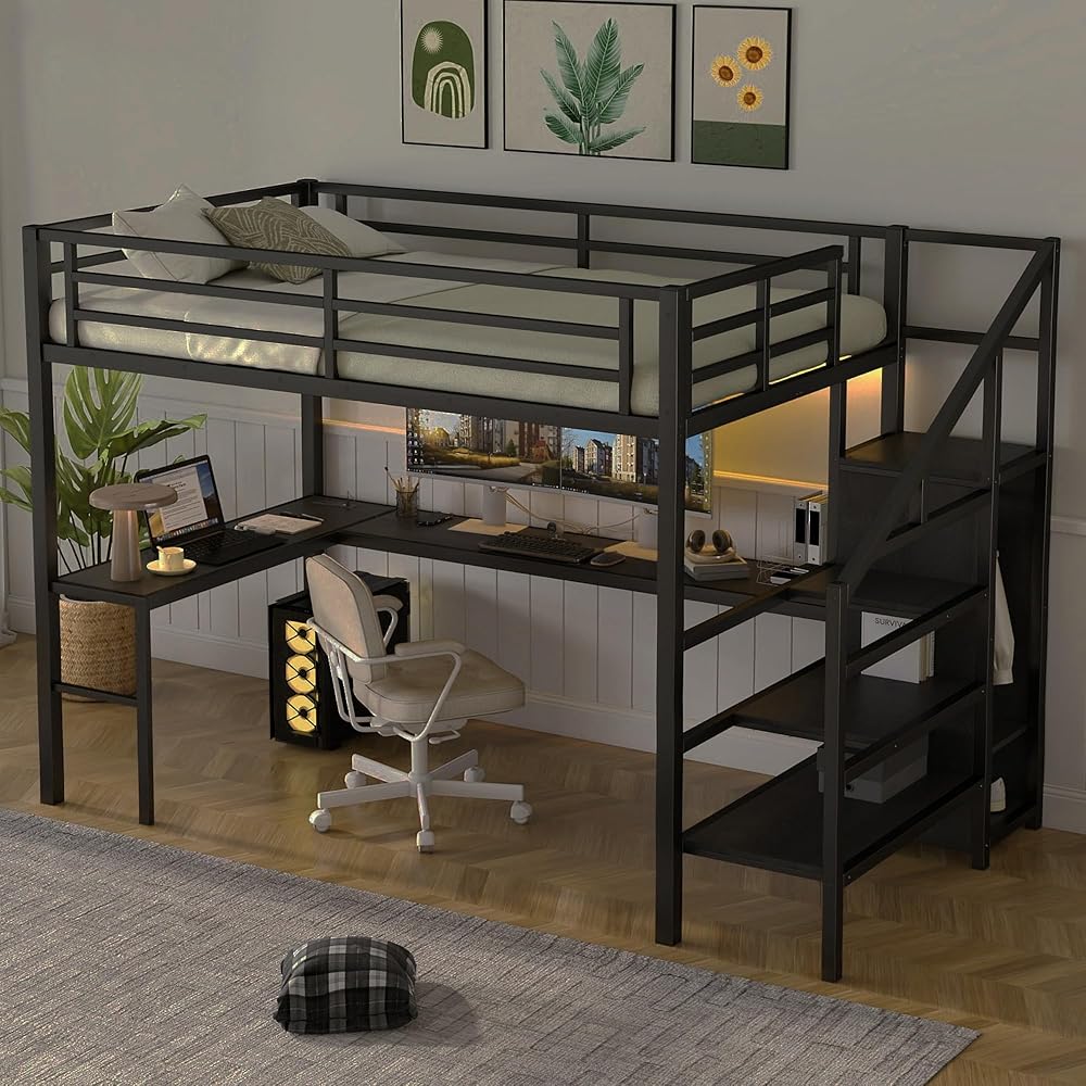 Bellemave Full Size Metal Loft Bed with L Shaped Desk and Wardrobe, Heavy Duty Loft Bed Frame with Storage Stairs, LED Loft Bed Frame with Charging Station & Safety Guardrails, Black : Home & Kitchen