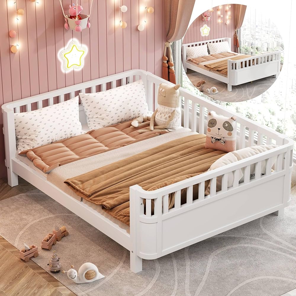 KEIKI Full Size Wooden Floor Bed, Montessori Platform Bed Frame with Low Profile & Safety Rails, Space Saving Kids Beds for Boys Girls Bedroom, No Box Spring Needed, Easy Assembly, Noise Free, White : Home & Kitchen
