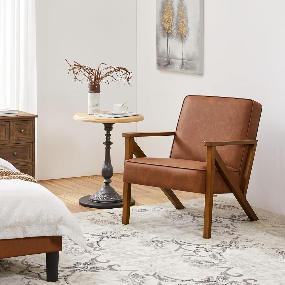 Yaheetech Accent Chair Faux Leather Armchair Lounge Chair with Wood Frame, Modern Retro Lounge Chair for Living Room/Office/Reception Area, Light Brown : Home & Kitchen