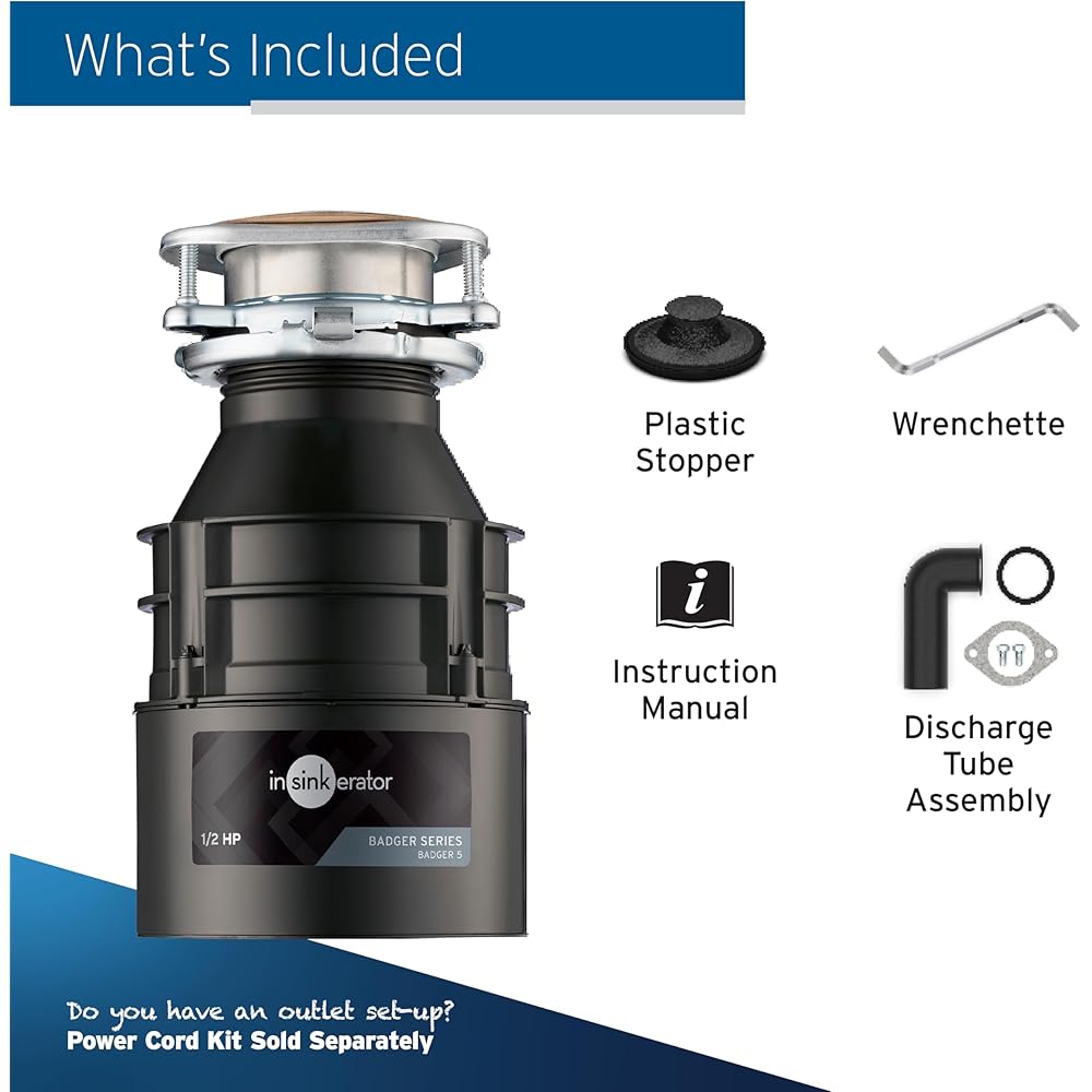 InSinkErator Badger 5 Garbage Disposal, Standard Series 1/2 HP Continuous Feed Food Waste Disposer, Black, Set of 1 - Garbage Disposal -