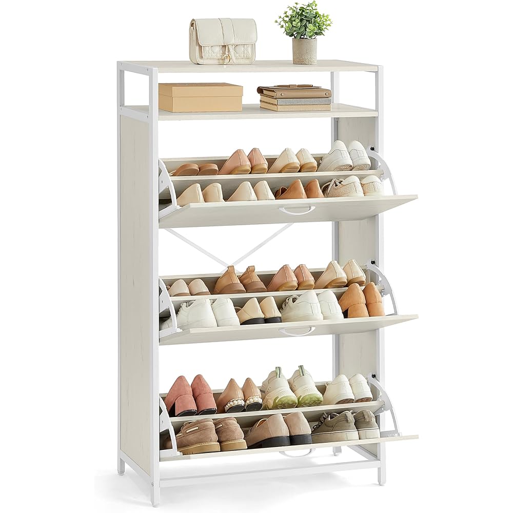 VASAGLE Shoe Cabinet with 3 Flip Drawers, Shoe Storage Cabinet, Asjustable and Removable Dividers, Holds 15-24 Pairs of Shoes, 11.8 x 31.5 x 51.2 Inches, Rustic White and Matte White ULBS802W01