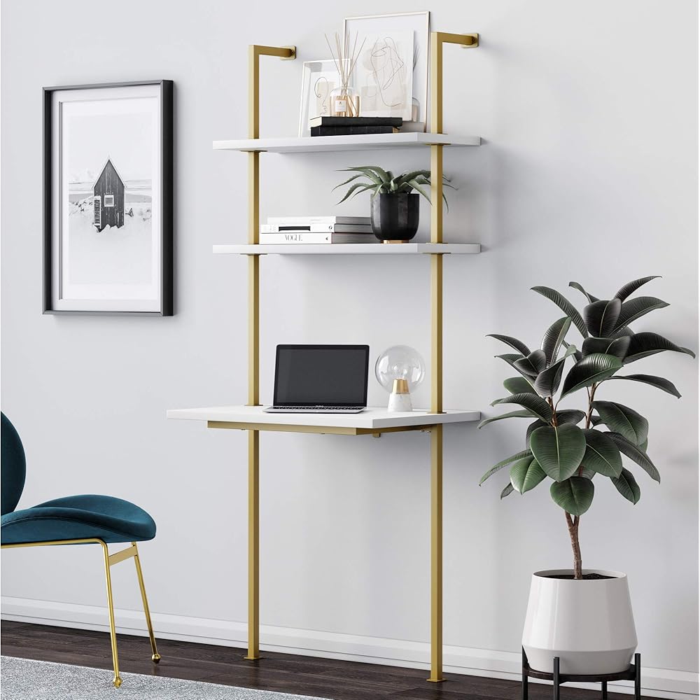 Nathan James Theo 2-Shelf Industrial Wall Mount Ladder Small Computer or Writing Desk, White/Gold Brass : Home & Kitchen