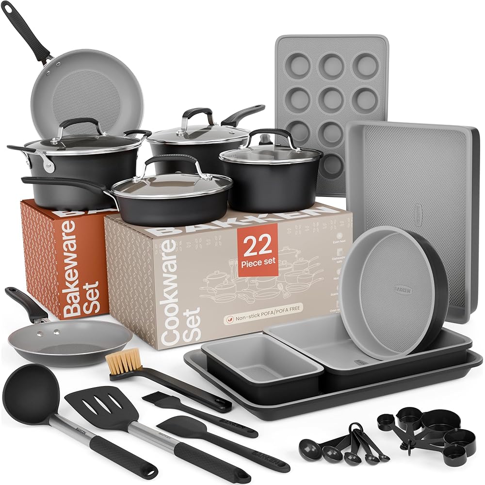 Pots and Pans Set, 22-Piece Non Stick Cookware & Bakeware Sets with Plaid Pattern, Stackable Design, Dishwasher Safe, Stain-resistant, Oven & All-Stove Safe, Tempered Glass Lid, Black: Home & Kitchen