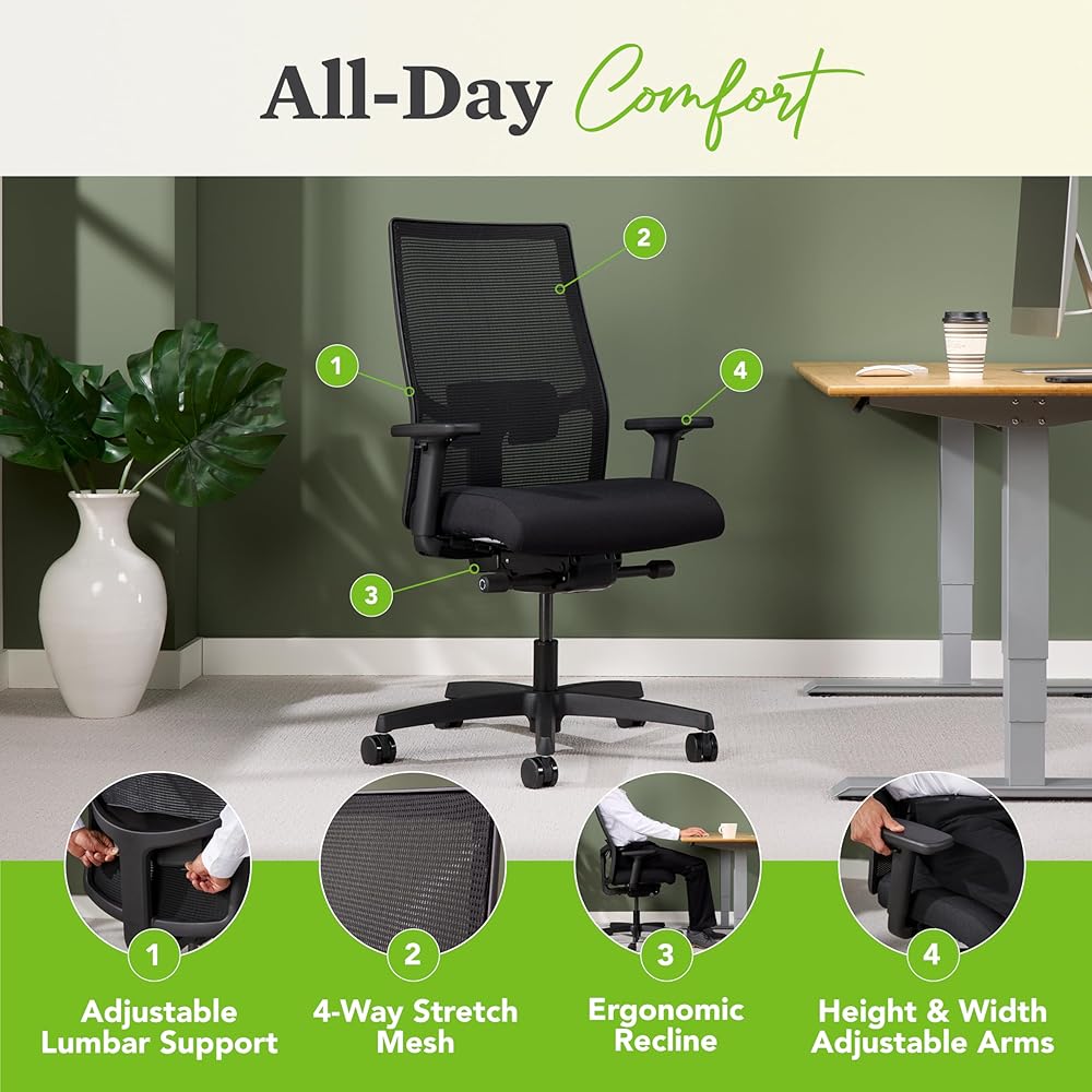 HON Ignition 2.0 Ergonomic Office Chair, Adjustable Tilt, Swivel Wheels, Comfy for Long Hours, Home Office Desk Chairs, Black