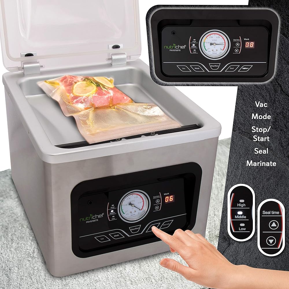 NutriChef 350W Vacuum Sealer Machine - 8L Chamber Commercial Food Sealer, Automatic Meat Packing and Sous Vide System with Digital Control, Includes Vacuum Roll Bags : Home & Kitchen
