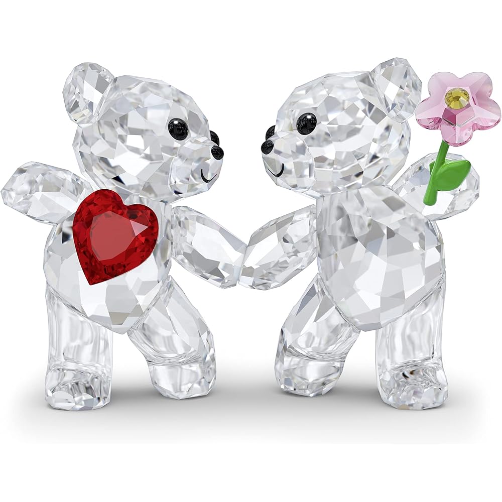 SWAROVSKI Kris Bears Happy Together Figurine Set, Clear Swarovski Crystal with a Red Heart and Pink Flower Accent, Part of the Swarovski Kris Bears Collection : Home & Kitchen