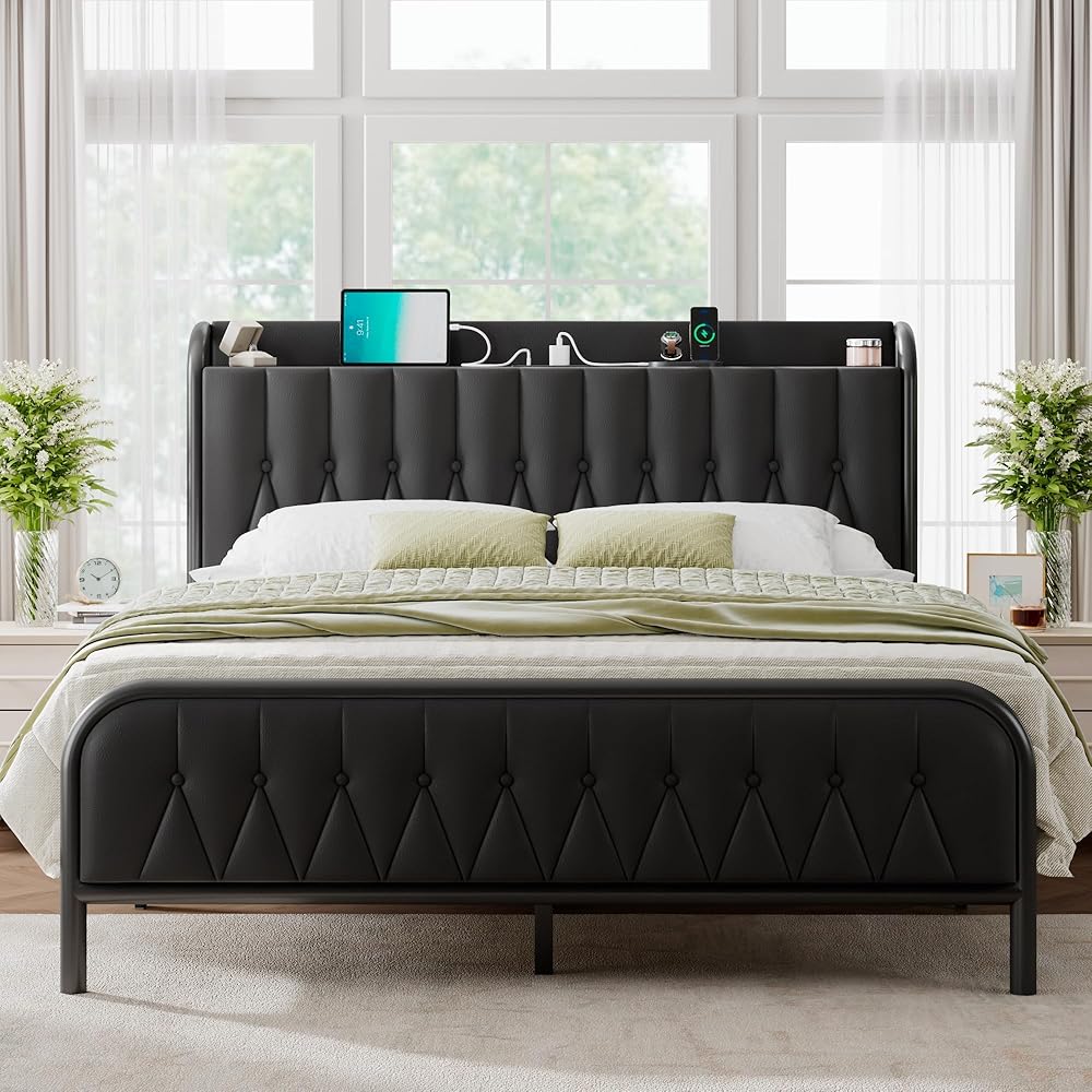 Queen Bed Frame with Fast Charging Station, Leather Queen Size Metal Platform Beds with Upholstered Headboard & Footboard,12