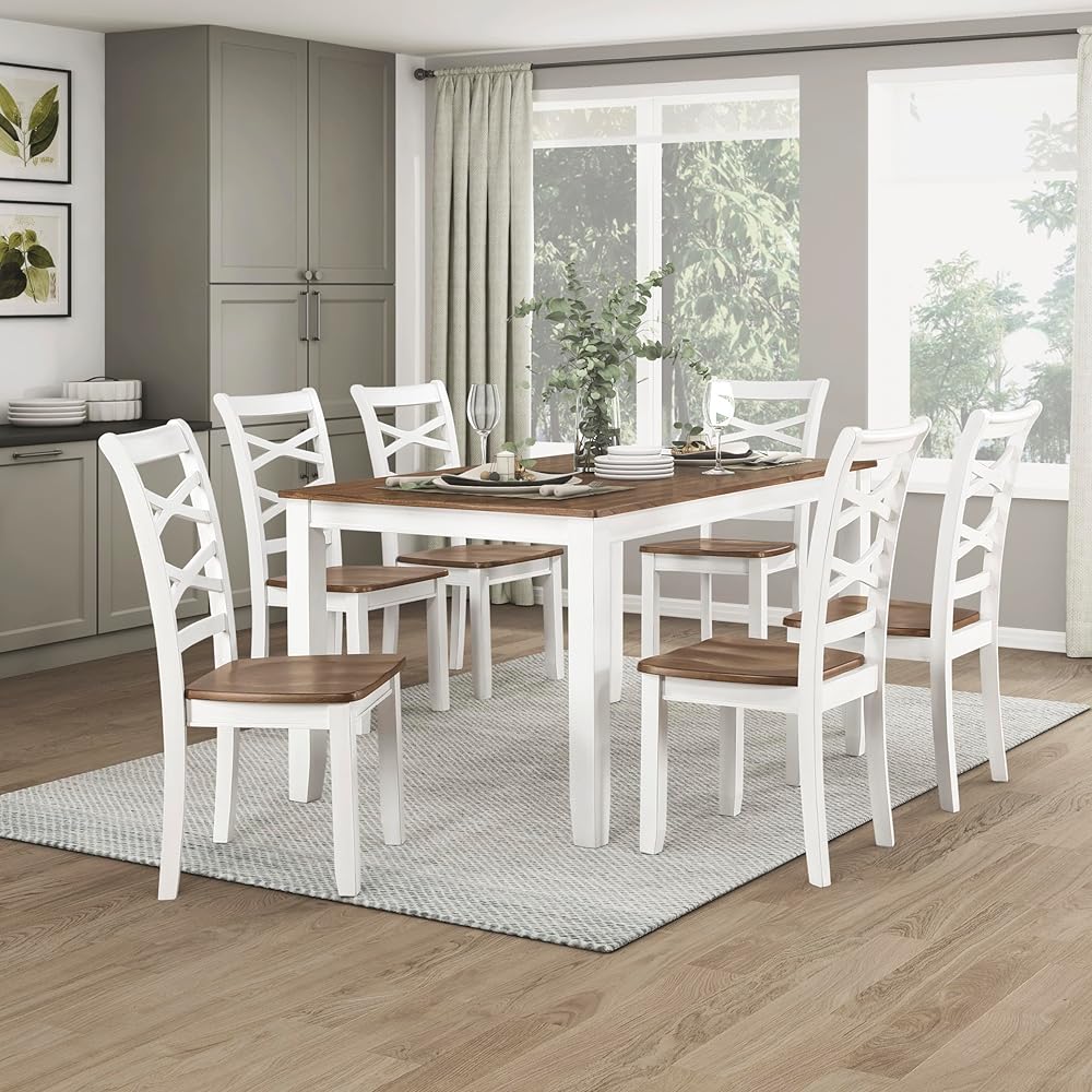 - Lexicon Dining Table Set for 6 with Chairs, Solid Wood 7 Piece Farmhouse Dining Room Table and Chairs Set of 6, Cross Back, Easy Assembly Seater for Indoor Home, Dinner, Kitchen, Cherry/White - Table & Chair Sets
