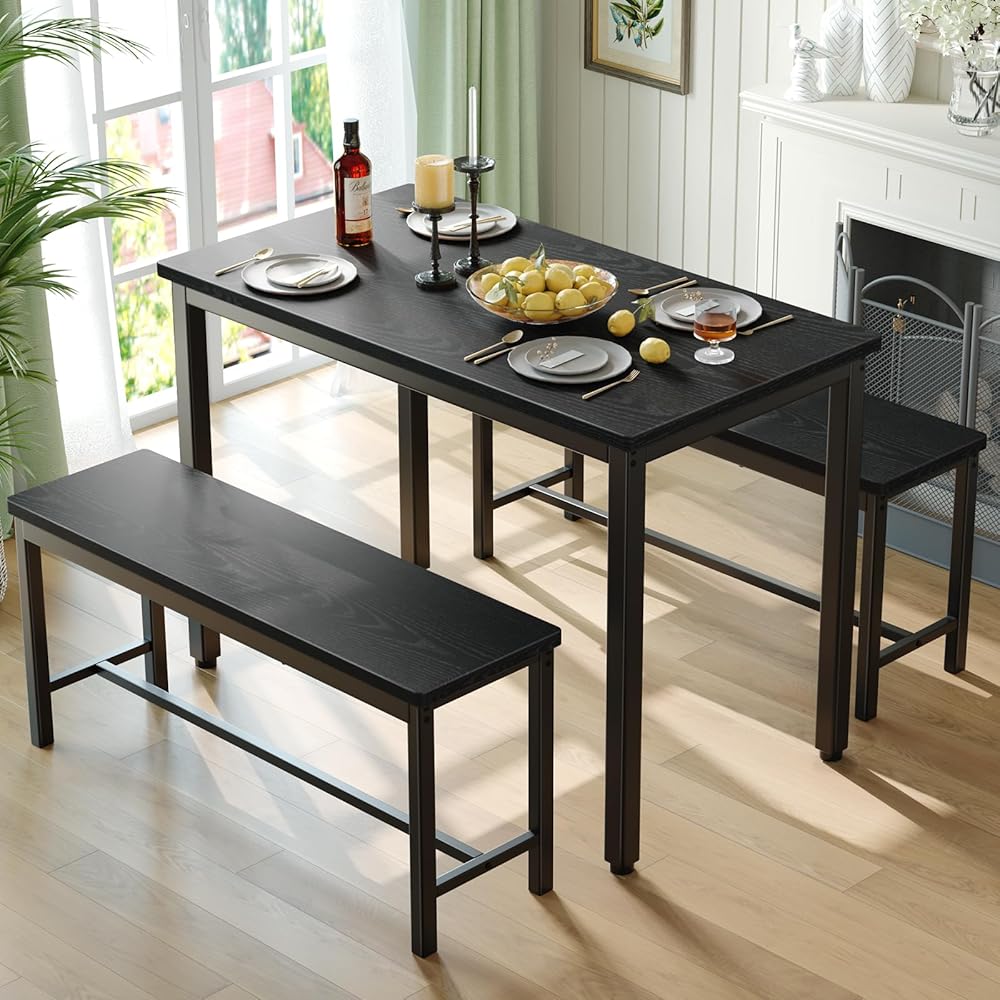 - Tatub Dining Table Set for 4, 3-Piece Kitchen Table with 2 Benches, Space-Saving Dining Room Set for Breakfast Nook and Small Spaces, Black - Table & Chair Sets