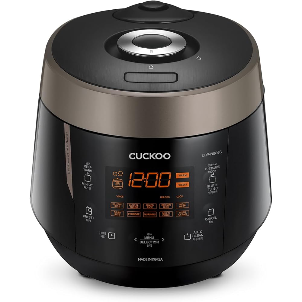CUCKOO CRP-P0609S 6-Cup (Uncooked) / 12-Cup (Cooked) High Pressure Rice Cooker & Warmer with Nonstick Inner Pot, 12 Menu Options, Fuzzy Logic Tech, 3 Voice Guide, Auto Clean (Black/Copper): Home & Kitchen