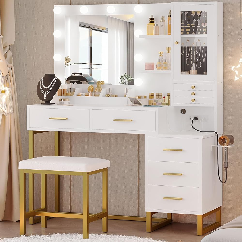 IRONCK Vanity Desk with Mirror and Lights, Makeup Vanity Table with 5 Drawers & Shelves, Power Outlet, Vanity Stool, Dressing Table with Jewelry Storage for Bedroom, White & Gold : Home & Kitchen