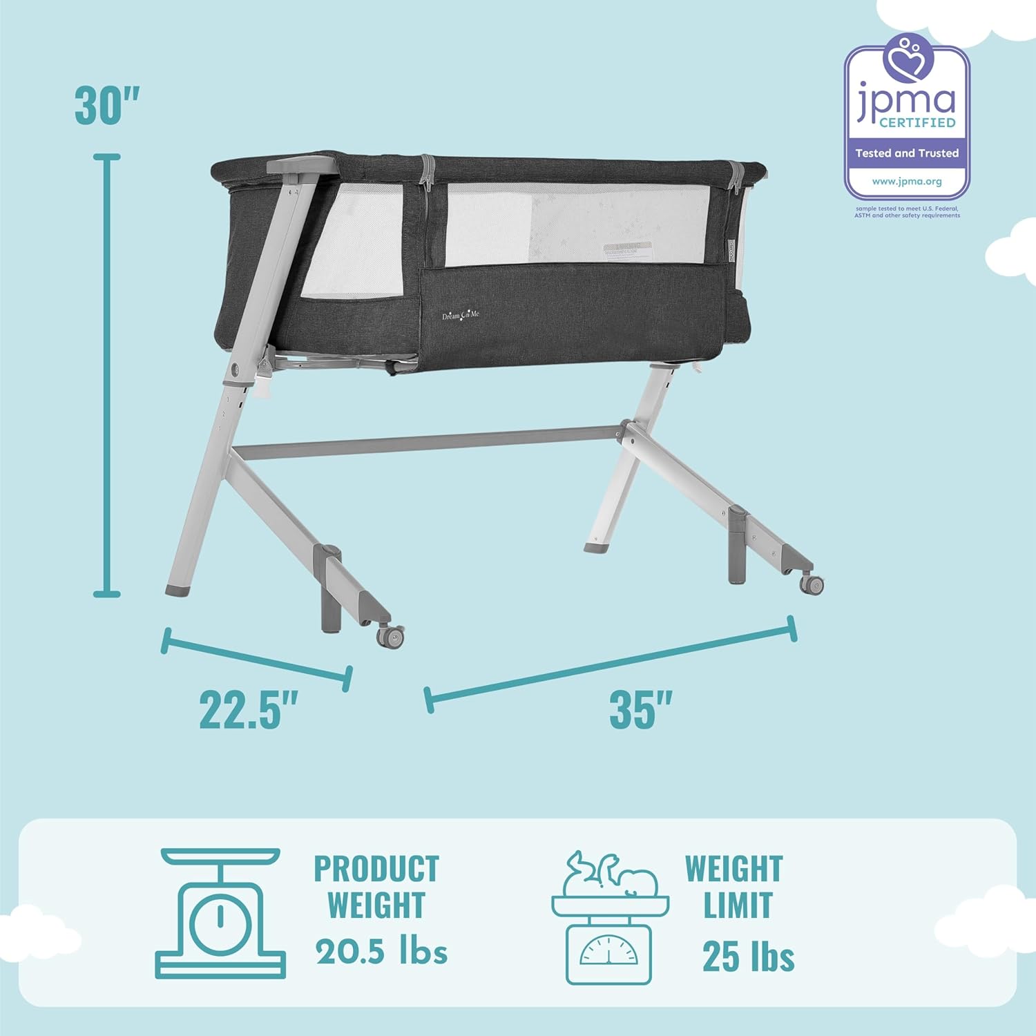 Dream On Me Skylar Bassinet and Beside Sleeper in Black, Lightweight and Portable Baby Bassinet, Five Position Adjustable Height, Easy to Fold and Carry Travel Bassinet, JPMA Certified