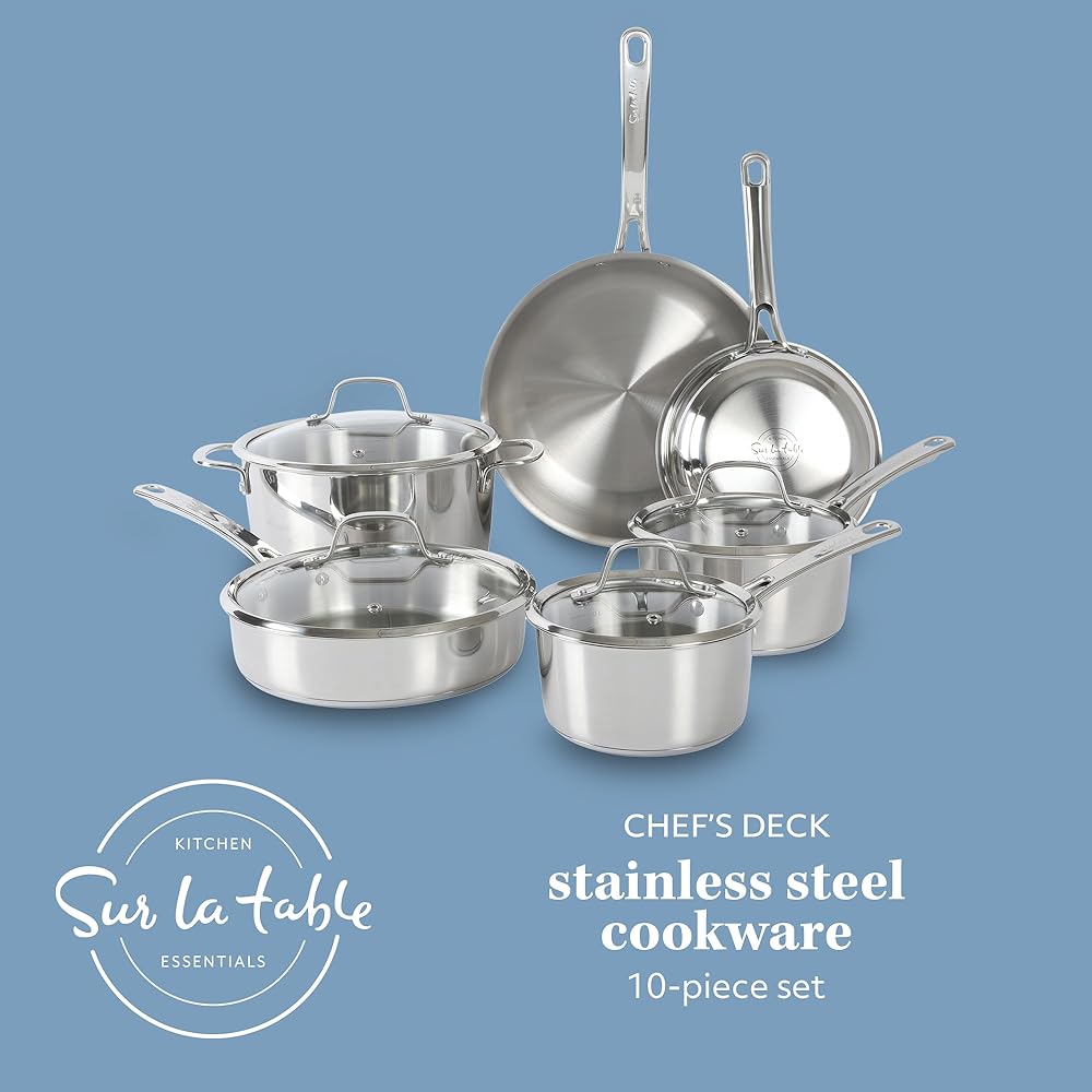 Sur La Table Kitchen Essentials Chef's Deck 10 Piece Stainless Steel Non Toxic Pots and Pans Kitchen Cookware Set w/Triply Encapsulated Base - Induction Safe: Home & Kitchen