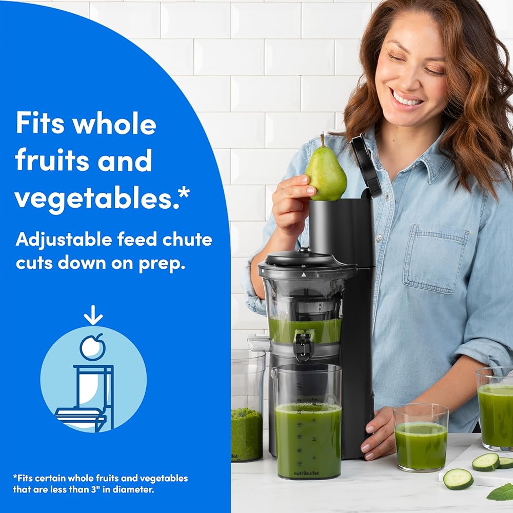 nutribullet Slow Juicer, Slow Masticating Juicer Machine, Easy to Clean, Quiet Motor & Reverse Function, BPA-Free, Cold Press Juicer with Brush, 150 Watts, Charcoal Black, NBJ50300, 24-oz: Home & Kitchen