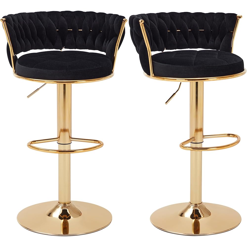 VECELO Bar Stools Set of 2, Adjustable Barstools Counter Height Stools with Back and Arm, Velvet Woven Kitchen Island Stools w/Gold Metal Leg & Base, 360° Swivel Bar Chair for Pubs Dining Room, Black