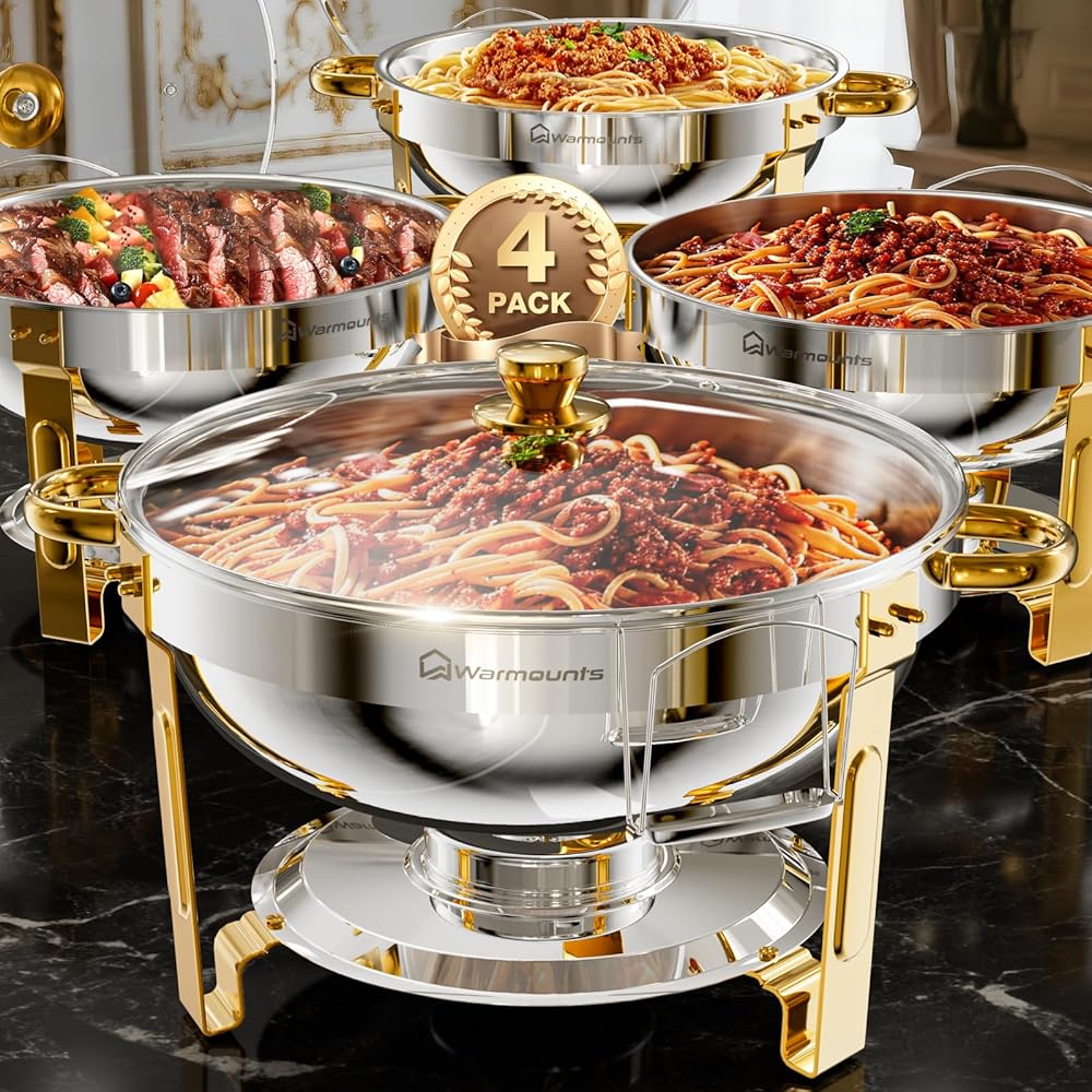 WARMOUNTS Gold & Silver Chafing Dishes for Buffet with Glass Lid (5QT, 4 Pack) - Food-Grade Stainless Steel Chafers and Buffet Warmers Sets with Lid Holder, Rolled Edge Design, for Party, Banquet: Home & Kitchen