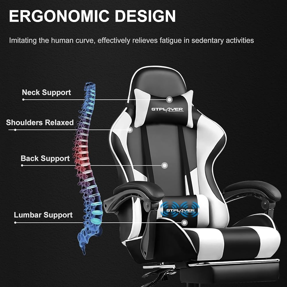 GTPLAYER Gaming Chair, Computer Chair with Footrest and Lumbar Support, Height Adjustable Game Chair with 360°-Swivel Seat and Headrest and for Office or Gaming (Snow White) : Home & Kitchen