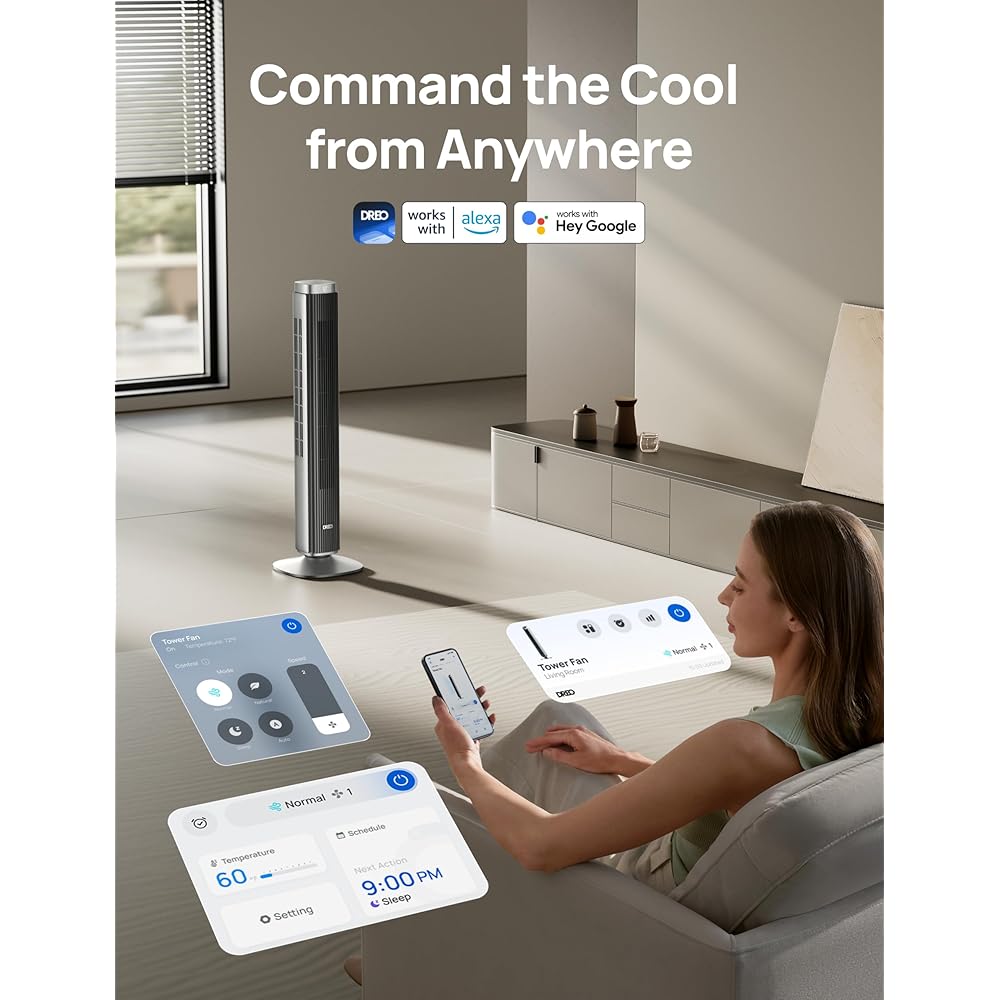 Dreo Tower Fan for Bedroom, 90° Oscillating Standing Fan with 40ft Far Airflow, 25dB Ultra Quiet DC Motor, 28ft/s Velocity, 12 Speeds, 42 inch, Smart Control, 4 Modes, 12H Timer, Pilot Pro S : Home & Kitchen