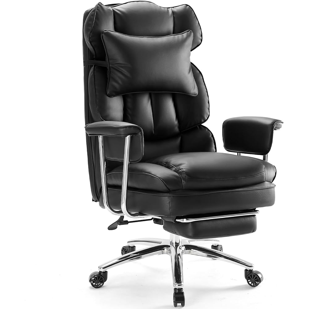 Sweetcrispy Executive Home Office Desk Chair - Ergonomic Big Tall High Back with Footrest & Lumbar Support, Reclining Height Adjustable, Comfy PU Leather Computer Gaming with Swivel Wheels, Black : Office Products