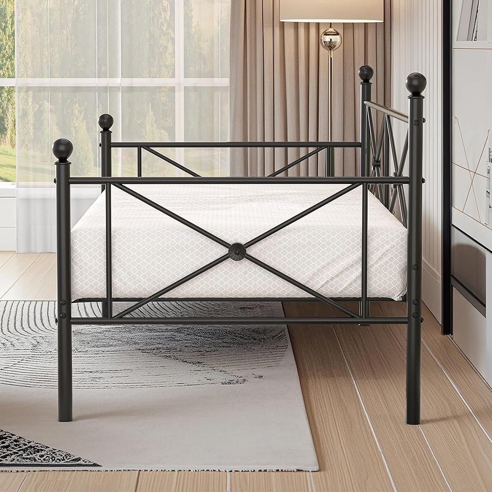 VECELO Twin Daybed Frame, Metal Day Bed with Stylish Headboard, Multifunctional Platform Beds for Bedroom, Living Room, Guest Room, No Boxing Spring Needed, Black : Home & Kitchen