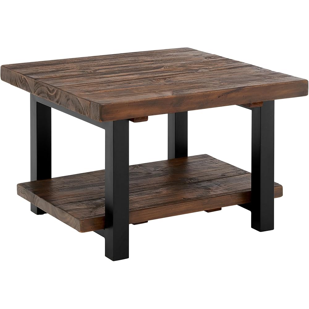 Pomona 27-Inch Rustic Square Coffee Table – Solid Pine Wood with Natural Weathered Finish and Industrial Metal Legs – Small Space Living Room Accent by Alaterre Furniture