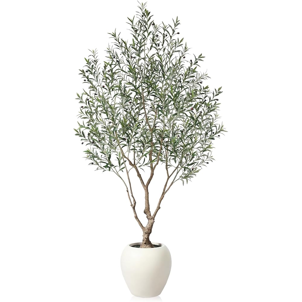 SOGUYI Olive Trees Artificial Indoor, 8 Feet Tall Faux Olive Tree with Round Artisan Planter, Premium Handmade, Realistic Trunk & Lifelike Leaves, Perfect for Large Spaces & Elegant Home/Office Decor : Home & Kitchen