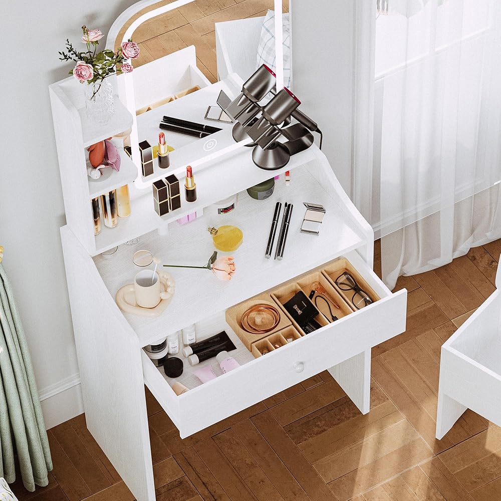 LIKIMIO Small Makeup Vanity Desk with Mirror and Lights, Vanity Table Set with Storage Drawer, Chair and Three Shelves, Bedroom, White : Home & Kitchen