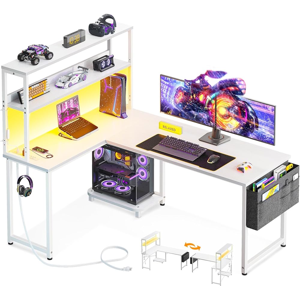 ODK 53 Inch L Shaped Desk with LED Lighting, Reversible Gaming Desk with Power Outlets, Cornor Computer Table with Storage Shelves & Bag & Iron Hook, Home Office Table for Writing, Study, White : Home & Kitchen