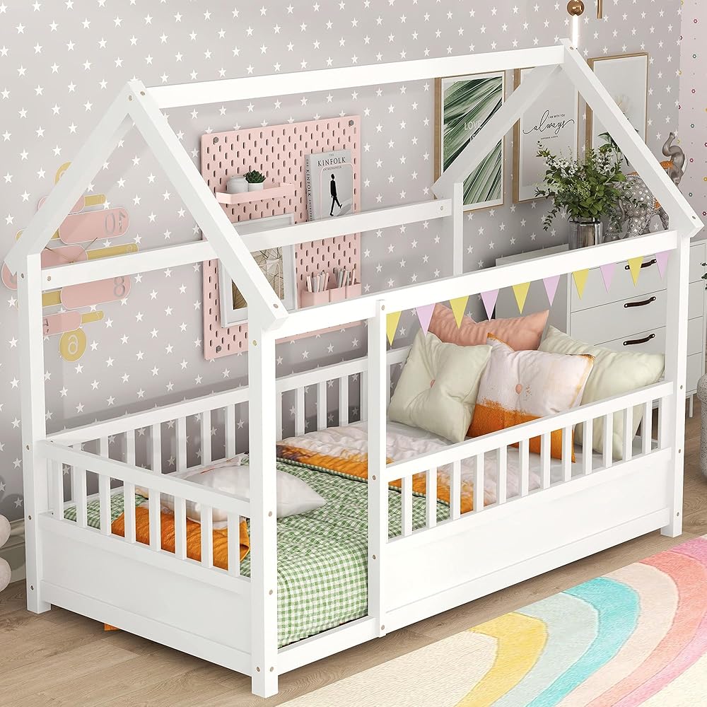 Kids Montessori Bed Twin Size, Twin Floor Bed with High Fence, House Beds for Kids, Girls, Boys, Wood Montessori Floor Beds Without Slats(White Twin) : Home & Kitchen