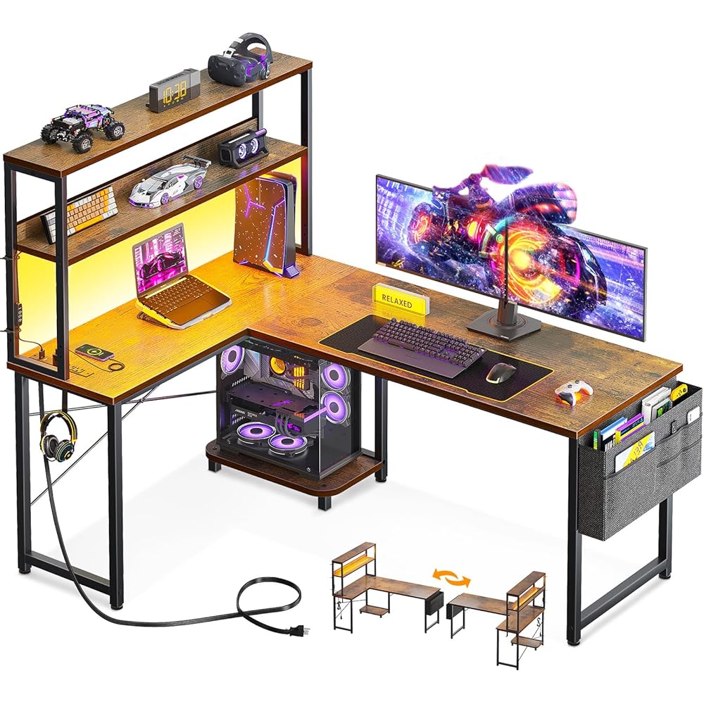 ODK 53 Inch L Shaped Desk with LED Lighting, Reversible Gaming Desk with Power Outlets, Cornor Computer Table with Storage Shelves & Bag & Iron Hook, Home Office Table for Writing, Study, Vintage : Home & Kitchen