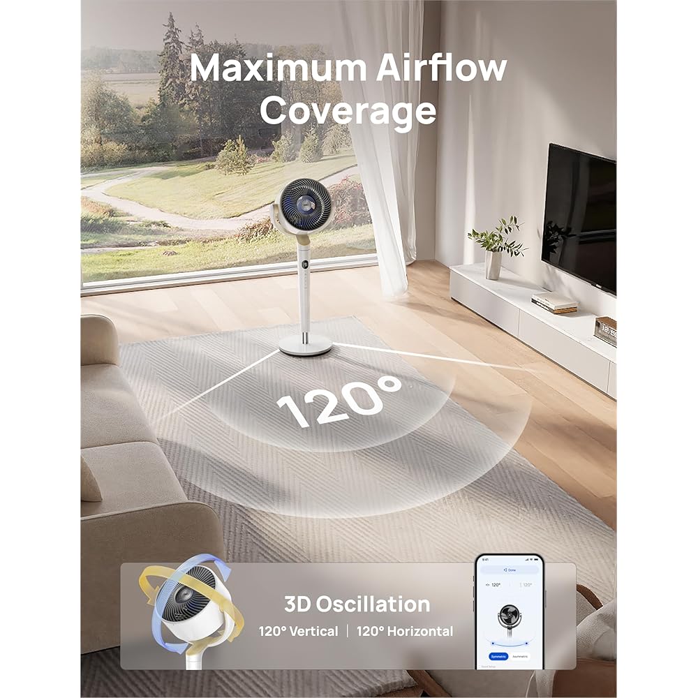 Dreo Smart Fan for Bedroom, 120° +120° Omni-Directional Oscillating Fans, 90ft Quiet Pedestal Fan with RGB Light, 9 Speeds, 6 Modes, 20dB, 8H Timer, Wi-Fi/Voice/Alexa, 37-42