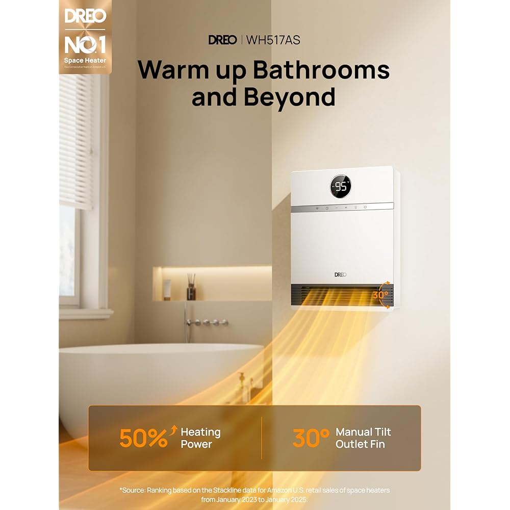 Dreo Smart Wall Heater, IP24 Electric Space Heater with ALCI Plug for Indoor Use, 30° Oscillation, Adjustable Thermostat, Remote Control, Works with Alexa, 24H Timer, Easy-mounted Heater for Bathroom : Home & Kitchen