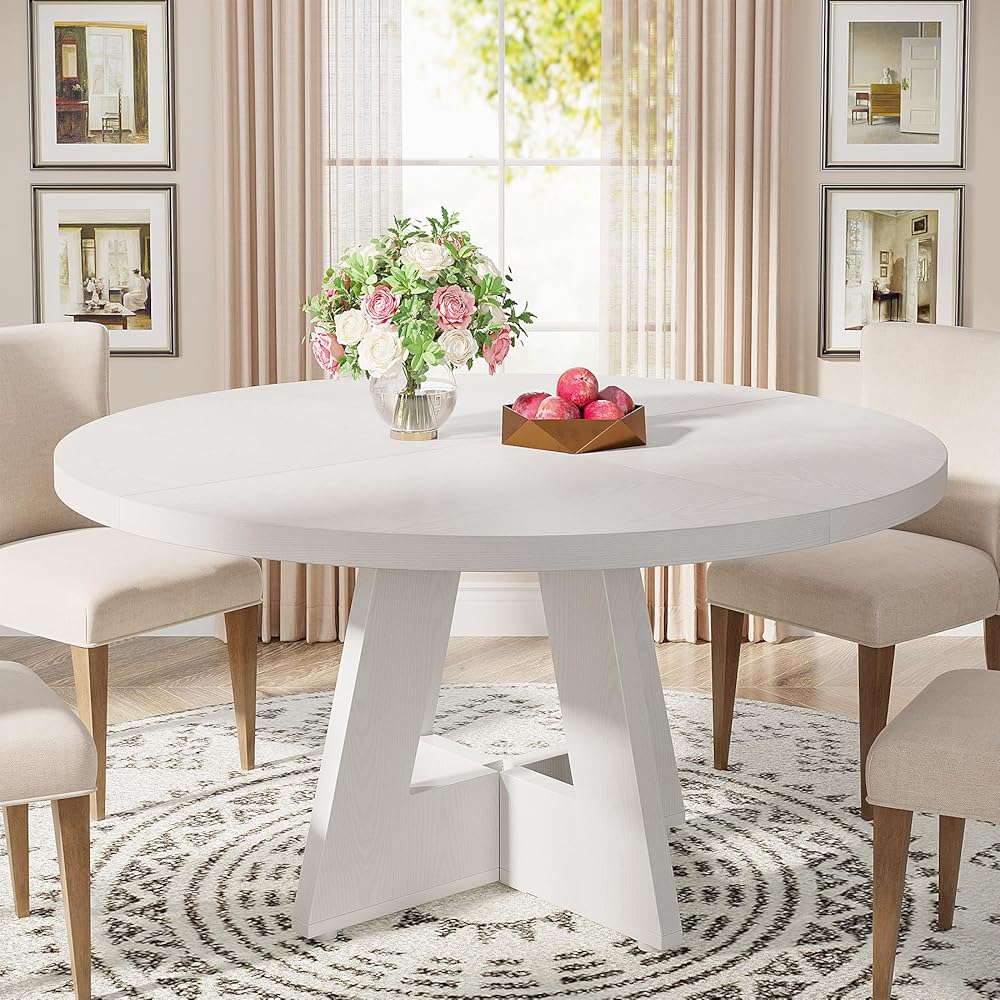 - Tribesigns Round Dining Table Wood Kitchen Table for Dining Room, 47 in Dinning Room Tables for 4-6, Circle Dinner Table with Wooden Tabletop and Cross Base for Kitchen, White - Tables