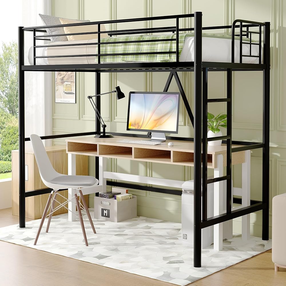 VECELO Metal Loft Bed Twin Size, Heavy Duty Bedframe with Removable Ladder and Safety Guardrail, Space-Saving, Noise Free, No Box Spring Needed, Black : Home & Kitchen