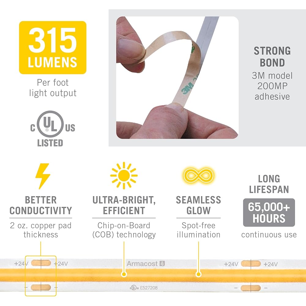 Armacost Lighting RibbonFlex Pro 24V White COB LED Strip Light Tape 3000K, 315 Lumens/Ft, 10M 172250 : Tools & Home Improvement