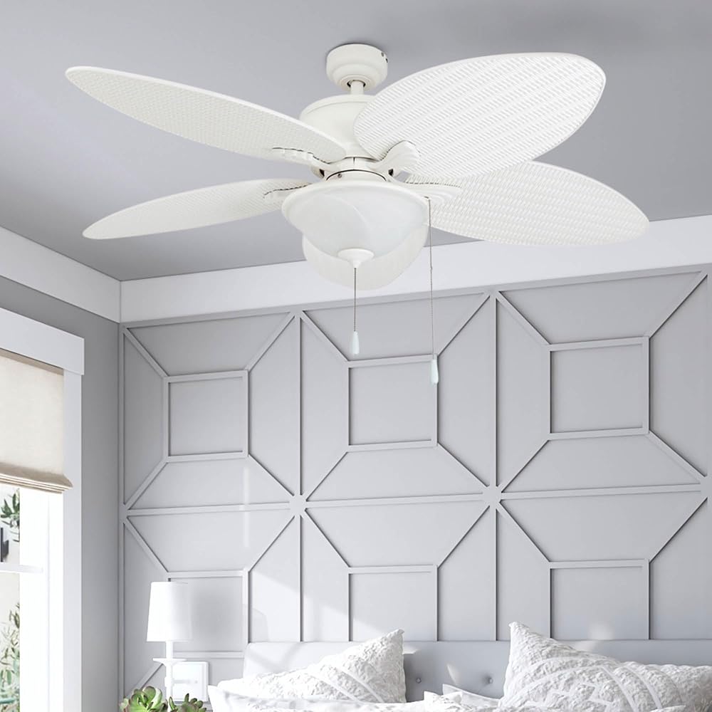 Prominence Home Solana, 52 Inch Tropical Indoor Outdoor Ceiling Fan with Light, Pull Chain, Three Mounting Options, Weather Resistant Palm Leaf Blades - 80018-01 (White) -